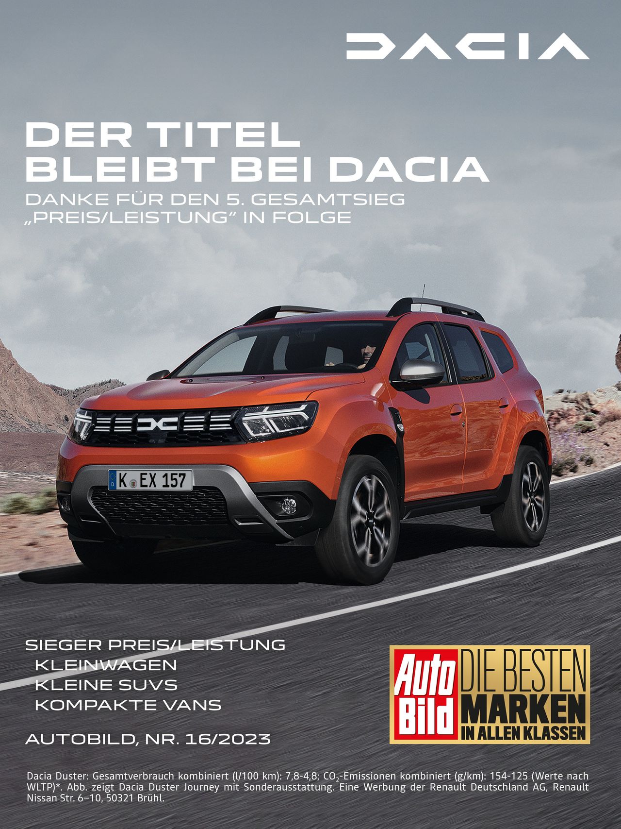 Vierfach-Sieg für Dacia in der Auto Bild-Leserumfrage „Die besten Marken in allen Klassen“.