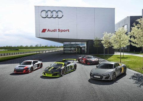 40 Jahre Audi Sport GmbH Audi R8 LMS GT4 Audi R8 LMS GT2 Audi R8 LMS GT3 Audi R8 Coupé V10 performance RWD, Farbe: Nardograu/Vegasgelb.jpg