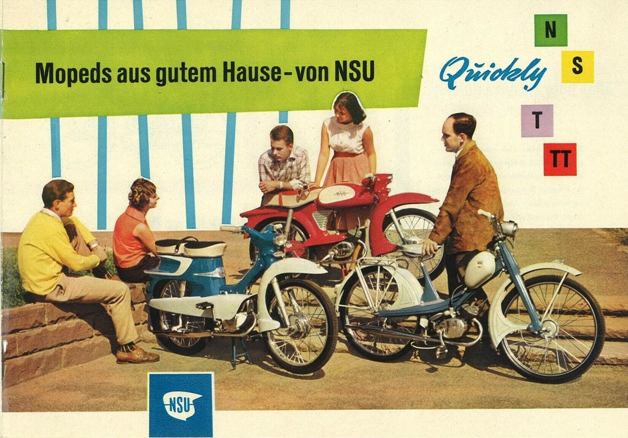 Moped-Werbung in den 50ern: "nicht mehr laufen, NSU Quickly kaufen".